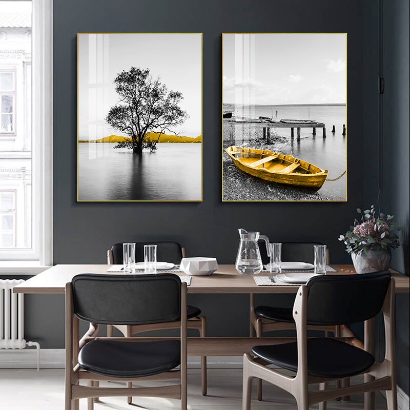 Lake Pier Landscape Canvas - Golden Boat Nordic Poster For Home Decor Printings