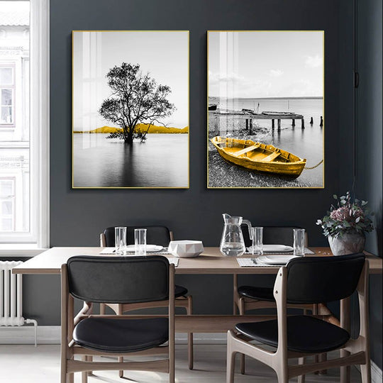 Lake Pier Landscape Canvas - Golden Boat Nordic Poster For Home Decor Printings
