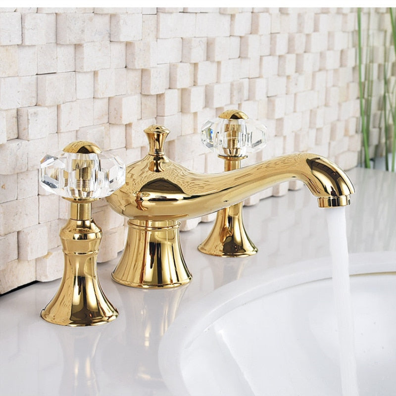 New Basin Faucet Bathroom Widespread Three Holes 8 Inch Brass Water Mixer Tap Gold Black Water Sink