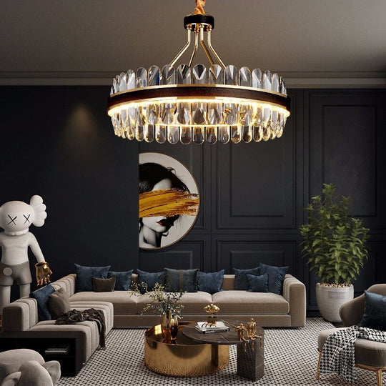 Crystal Dimmable Led Light Ceiling Chandeliers Black Leather Luxury Lustres Round Hanging Lamps