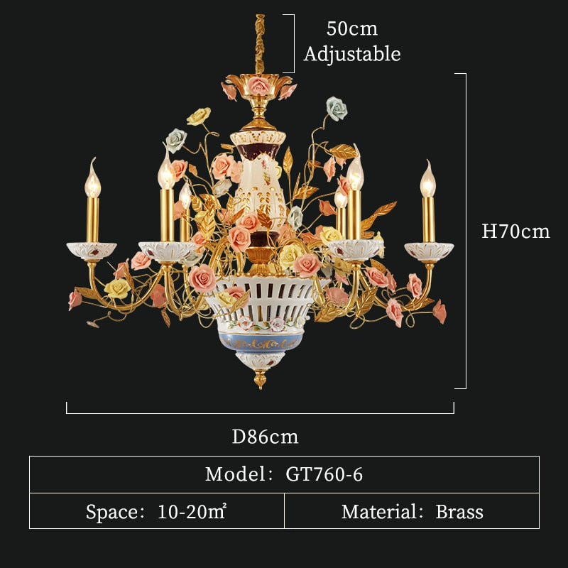 French Rose Ceramic White Chandelier Living Room Duplex Villa Classical Luxury Brass Decorative