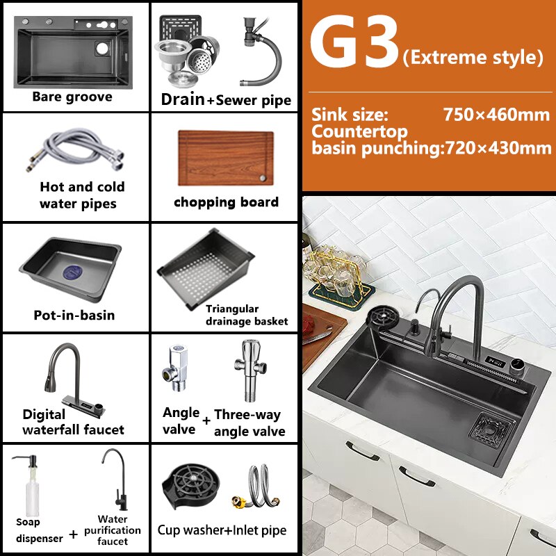 New Black Nanometer 304 Stainless Steel Waterfall Kitchen Sink 3Mm Thickness Large Single Slot