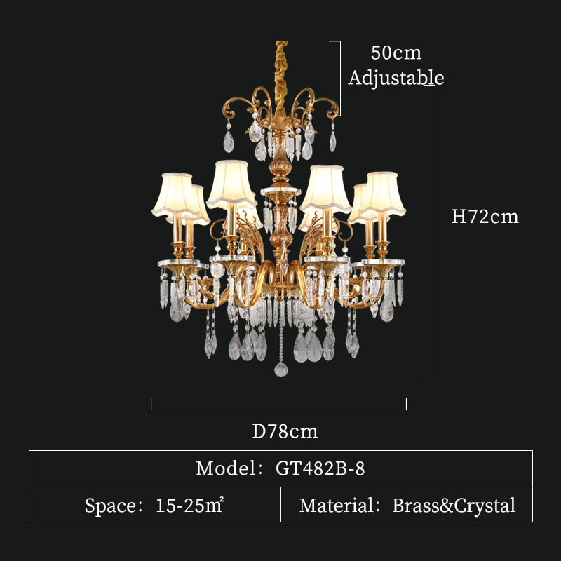 Luxury Decorative Full Copper French Style Crystal Chandelier Indoor Hall Master Bedroom Study