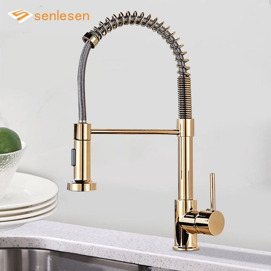 Golden Kitchen Spring Faucet Brass Deck Mount 360 Degree Rotate Stream & Sprayer Nozzle Hot Cold