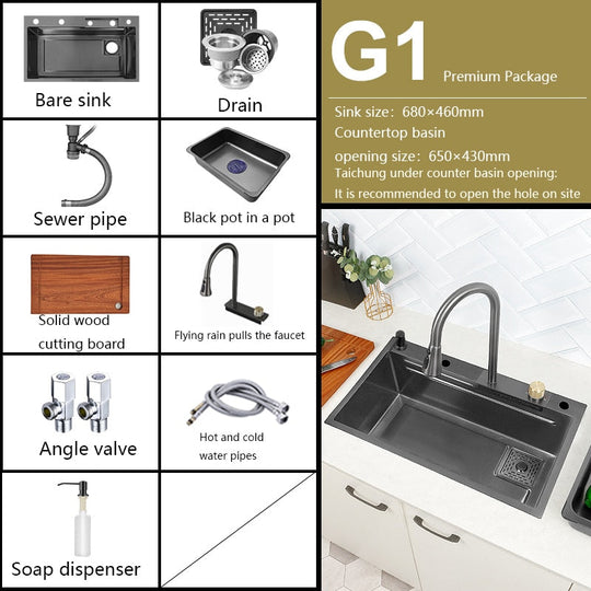 New Black Nano Kitchen Sink 304 Stainless Steel Waterfall Basin Large Single Slot With Faucet For