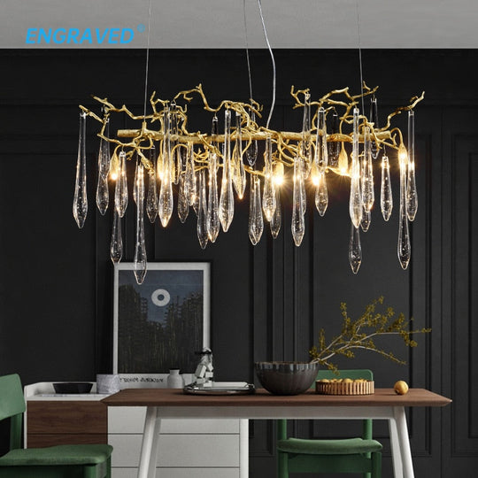 Creative Tree Branch Lamp Long Copper Chandelier For Dining Room Restaurant Crystal Kitchen Island