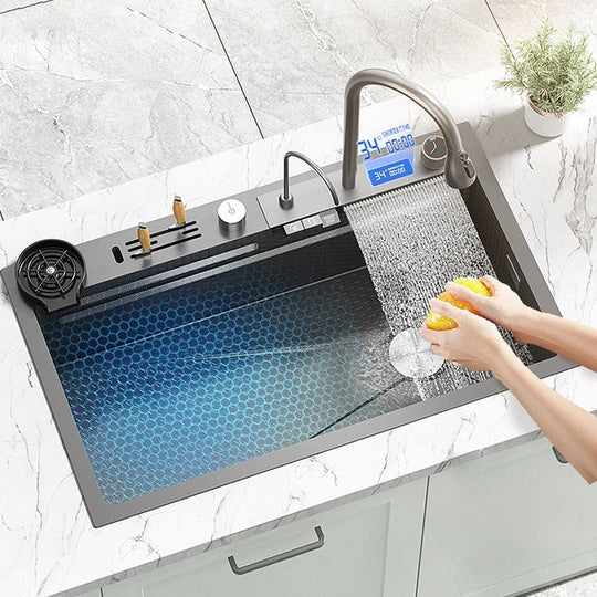 Stainless Steel Kitchen Sink Digital Display Embossed Waterfall Sink Large Single Slot