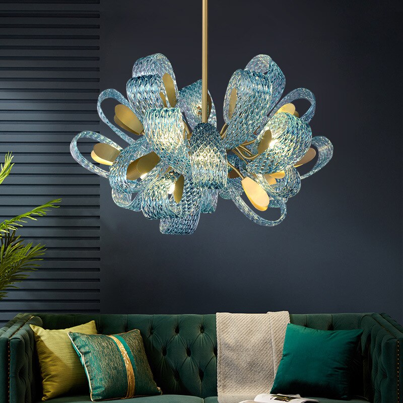 Modern Luxury Flower Ceiling Chandeliers Blue Copper Led Pendant Lamp Living Dining Salon Bedroom