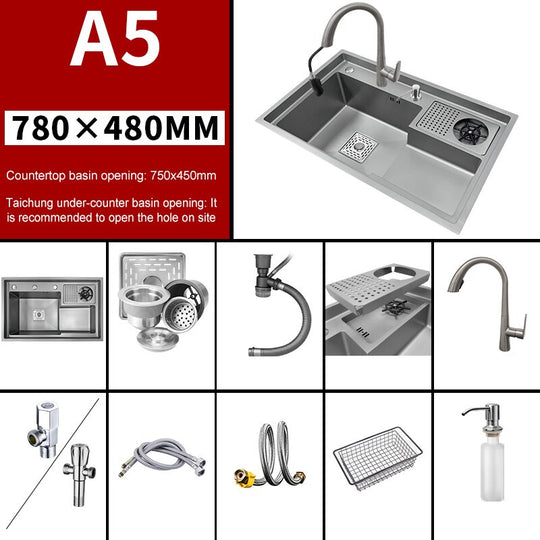 Grey Drop In Kitchen Sink Workstation Undermount Single Bowl 304 Stainless Steel With Drain Basket