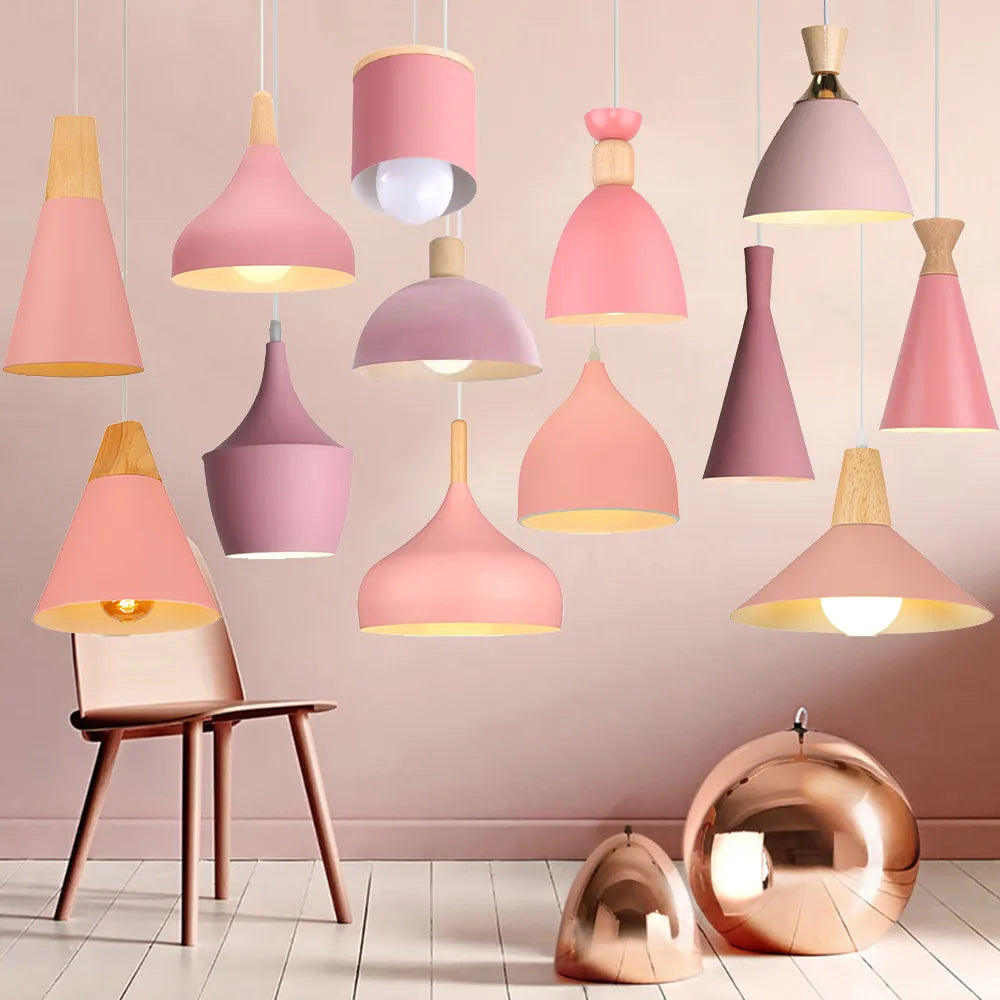 Nordic Modern E27 Wood Pendant Light Pink Lamp Shade For Living Room Bar Dining Table Bedside