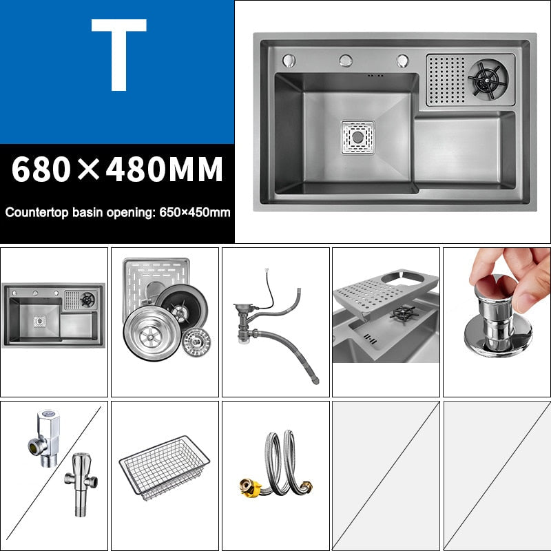 Grey Drop In Kitchen Sink Workstation Undermount Single Bowl 304 Stainless Steel With Drain Basket