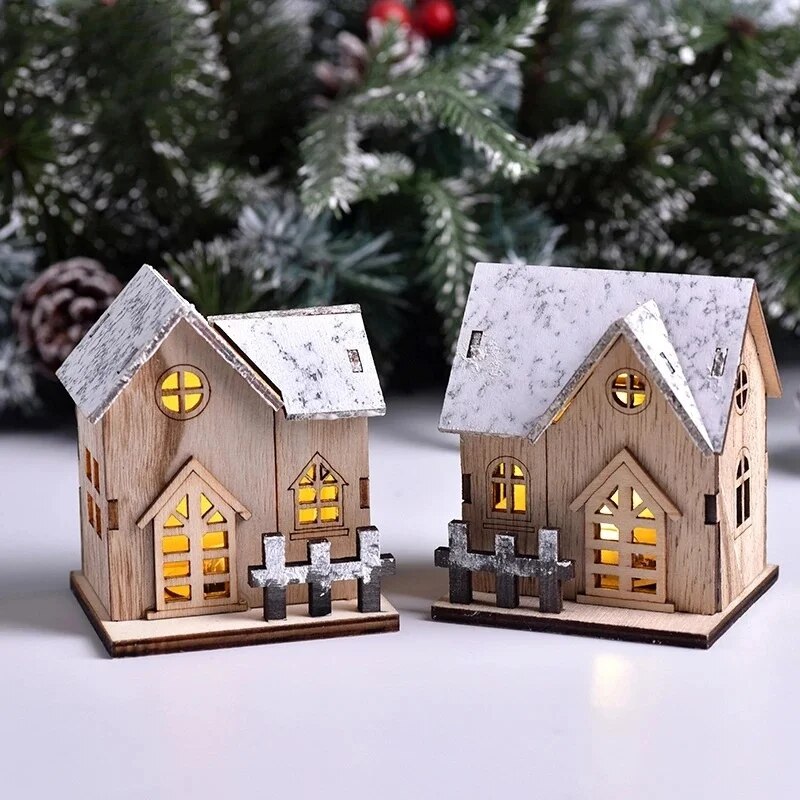 Christmas Led Light Wooden House Luminous Cabin Merry Decorations For Home Diy Xmas Tree Ornaments