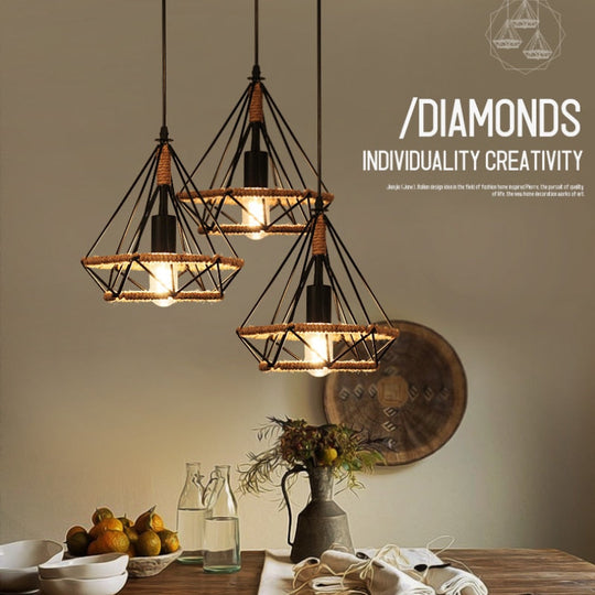 Retro Industrial Chandelier Russian Attic Cage Diamond - Shaped Hemp Rope Dining Room Living