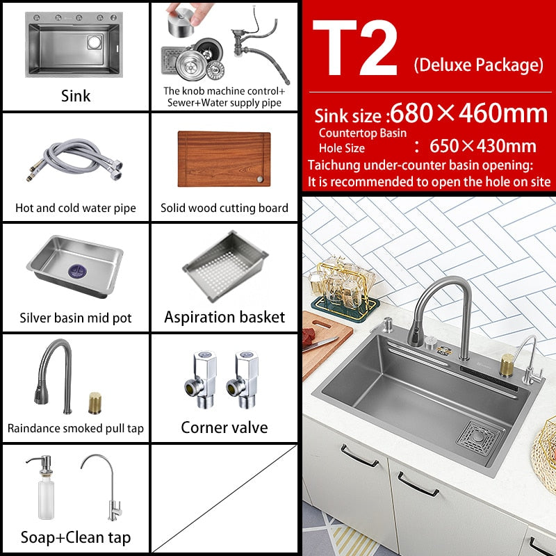 Kitchen Sink 304 Stainless Steel Large Single Slot With Multifunction Touch Waterfall Faucet For