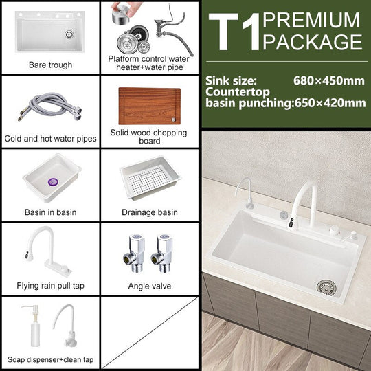 Waterfall Kitchen Sink White Large Single Slot Nano 304 Stainless Steel Sink With Faucet For