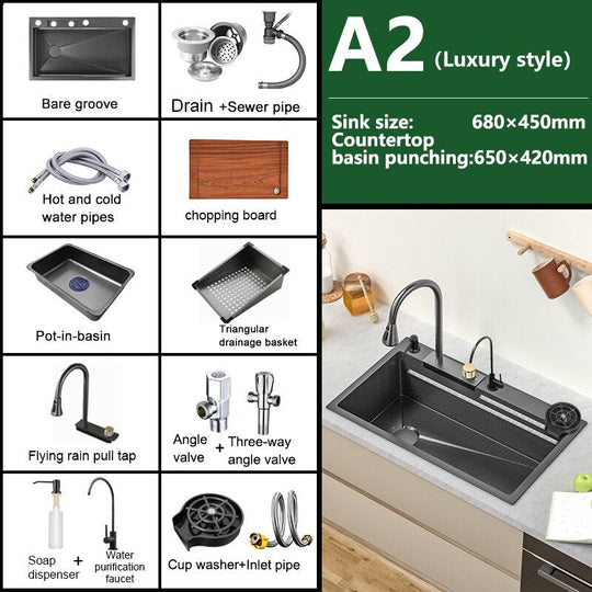 Waterfall Sink Kitchen 304 Stainless Steel Large Single Slot Modern Multifuctional Workstation With