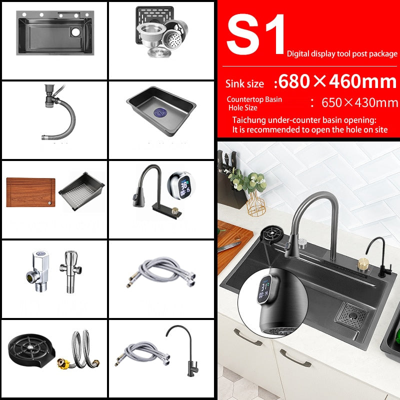 New Black Nanometer 304 Stainless Steel Waterfall Kitchen Sink 3Mm Thickness Large Single Slot