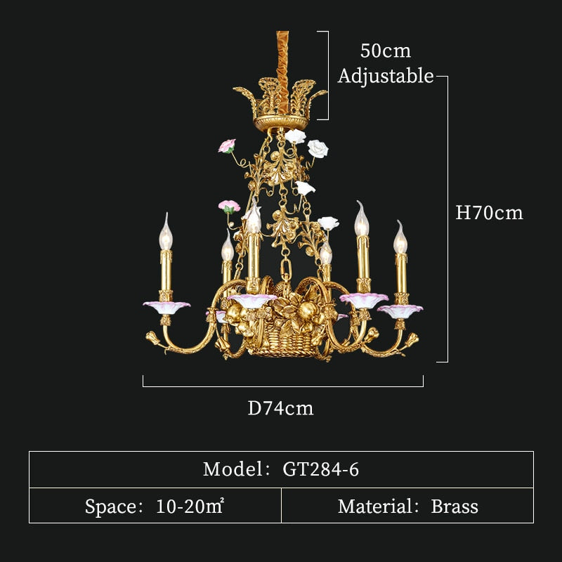 6/8/15 Lights French Pastoral Copper Flower Basket Chandelier European Style Classic Living Dining