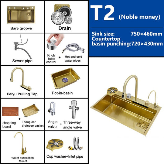 Waterfall Kitchen Sink Gold Nano 304 Stainless Steel Large Single Bowl Modern Multifuctional