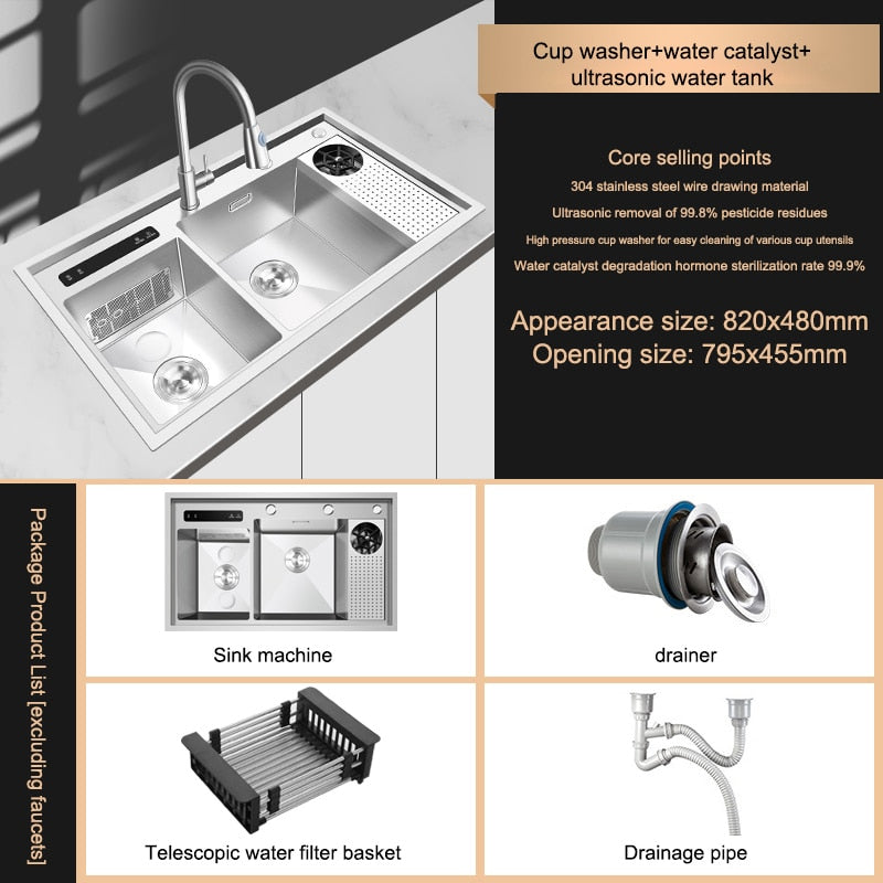 Kitchen Sink Stainless Steel Dishwashing Ultrasonic Dishwasher Multifunctional Intelligent Net