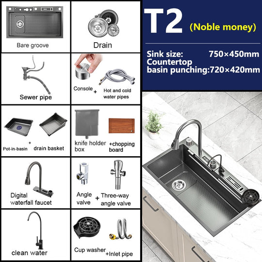 Waterfall Kitchen Sink Stainless Steel Embossed Washbasin Large Single Slot Left Drain