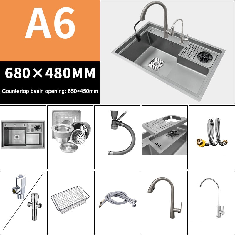 Grey Drop In Kitchen Sink Workstation Undermount Single Bowl 304 Stainless Steel With Drain Basket