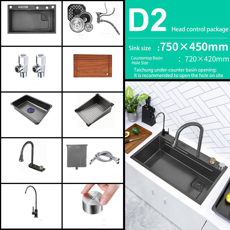 New Black Nanometer 304 Stainless Steel Waterfall Kitchen Sink 3Mm Thickness Large Single Slot