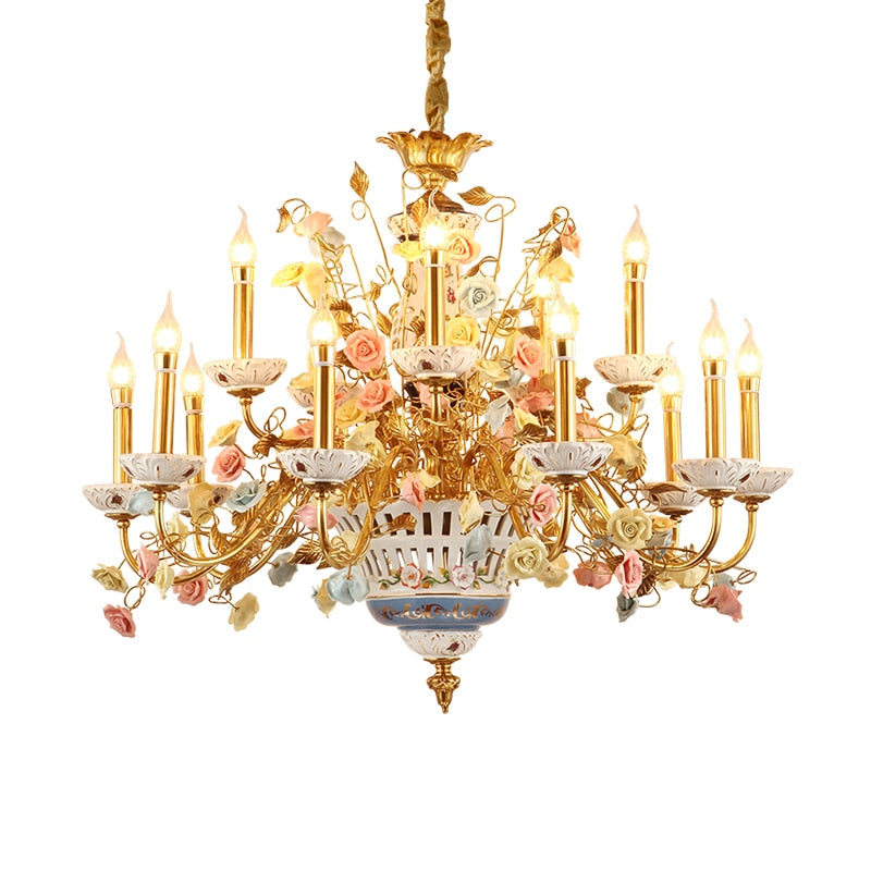 French Rose Ceramic White Chandelier Living Room Duplex Villa Classical Luxury Brass Decorative