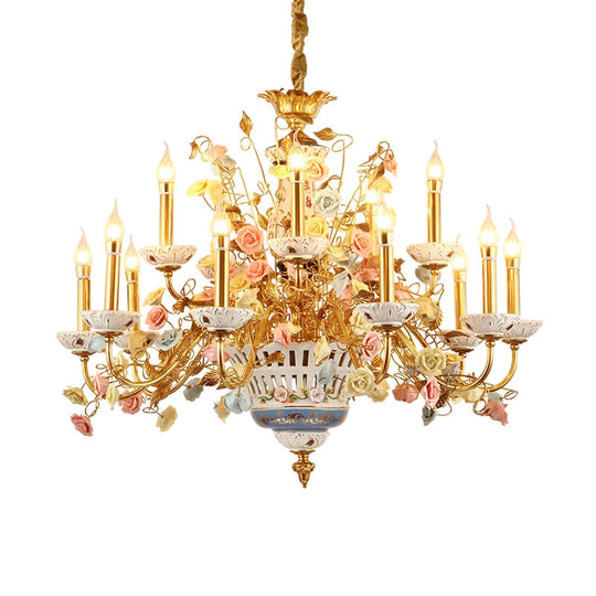 French Rose Ceramic White Chandelier Living Room Duplex Villa Classical Luxury Brass Decorative