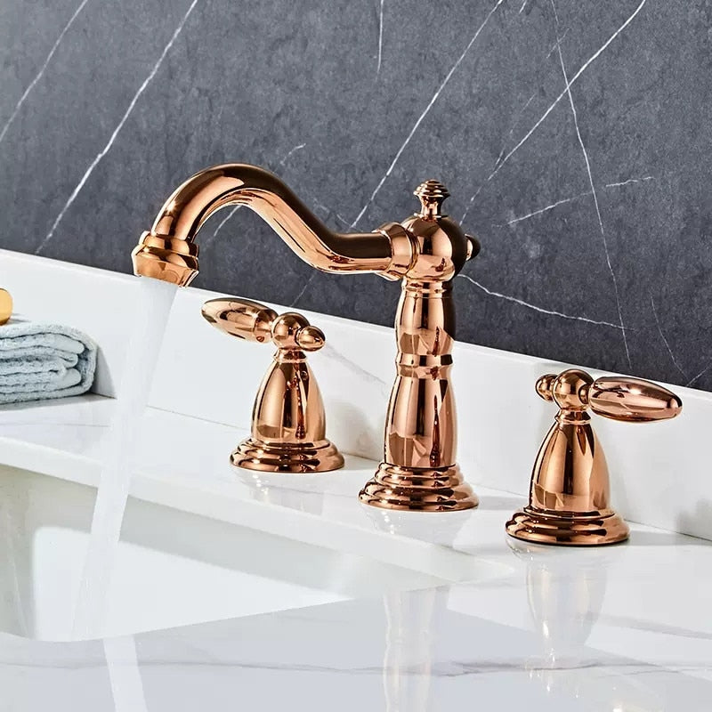 Basin Faucet Brass Rose Gold Widespread Bathroom Antique Sink Faucets 3 Hole Hot And Cold Water Tap