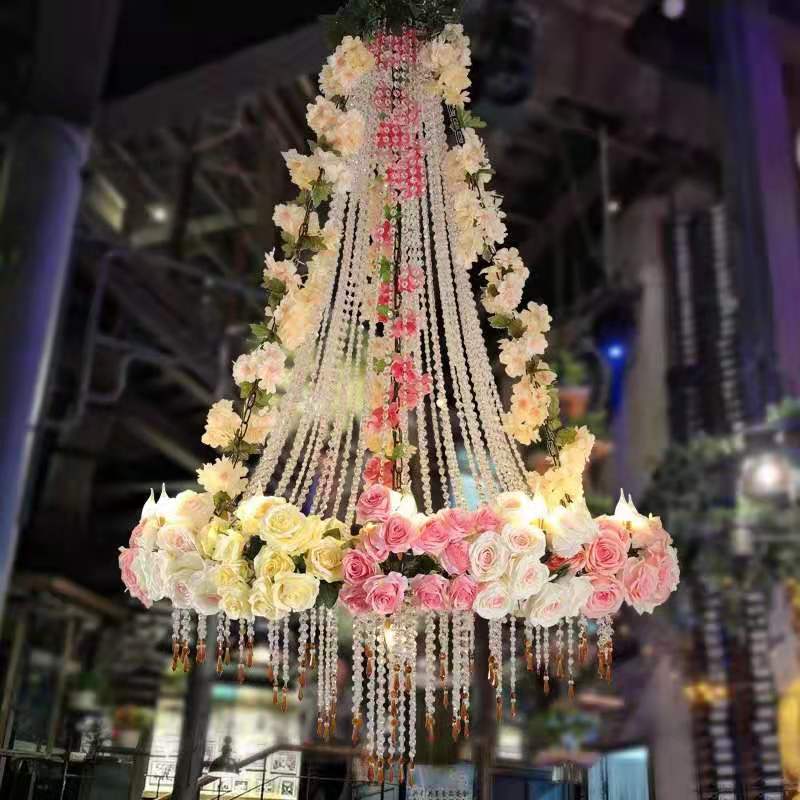 Simulation Rose Crystal Chain Tassel Pendant Light Theme Hollow Restaurant Wine Market Romantic