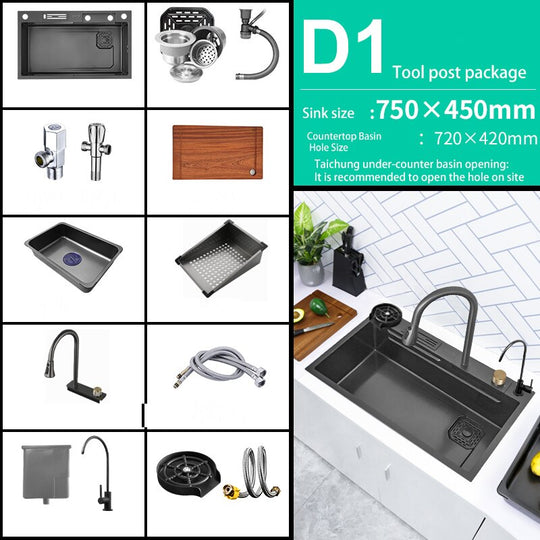 New Black Nanometer 304 Stainless Steel Waterfall Kitchen Sink 3Mm Thickness Large Single Slot