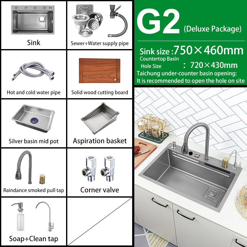 Kitchen Sink 304 Stainless Steel Large Single Slot With Multifunction Touch Waterfall Faucet For