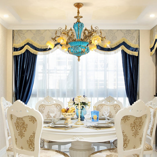 French Ceramic Chandelier European - Style Villa Restaurant Full Copper Lamp Retro Living Room