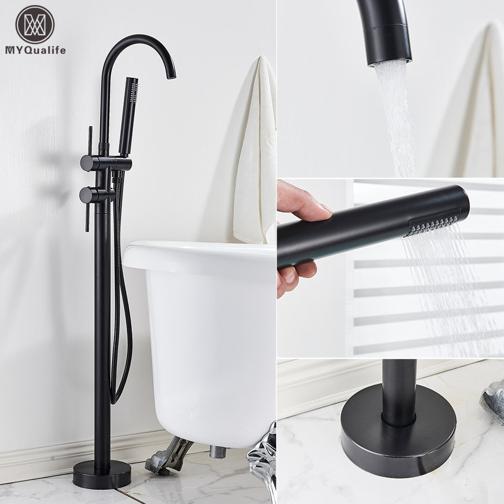 Floor Mounted Chrome Bath Tub Faucet Clawfoot Free Standing Mixer Tap With Handshower Single Lever