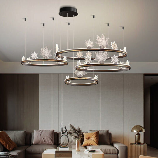 Modern Aluminum Ring Pendant Lights Dimming Foyer Restaurant Bedroom Hanging Lamp Acrylic Leaves