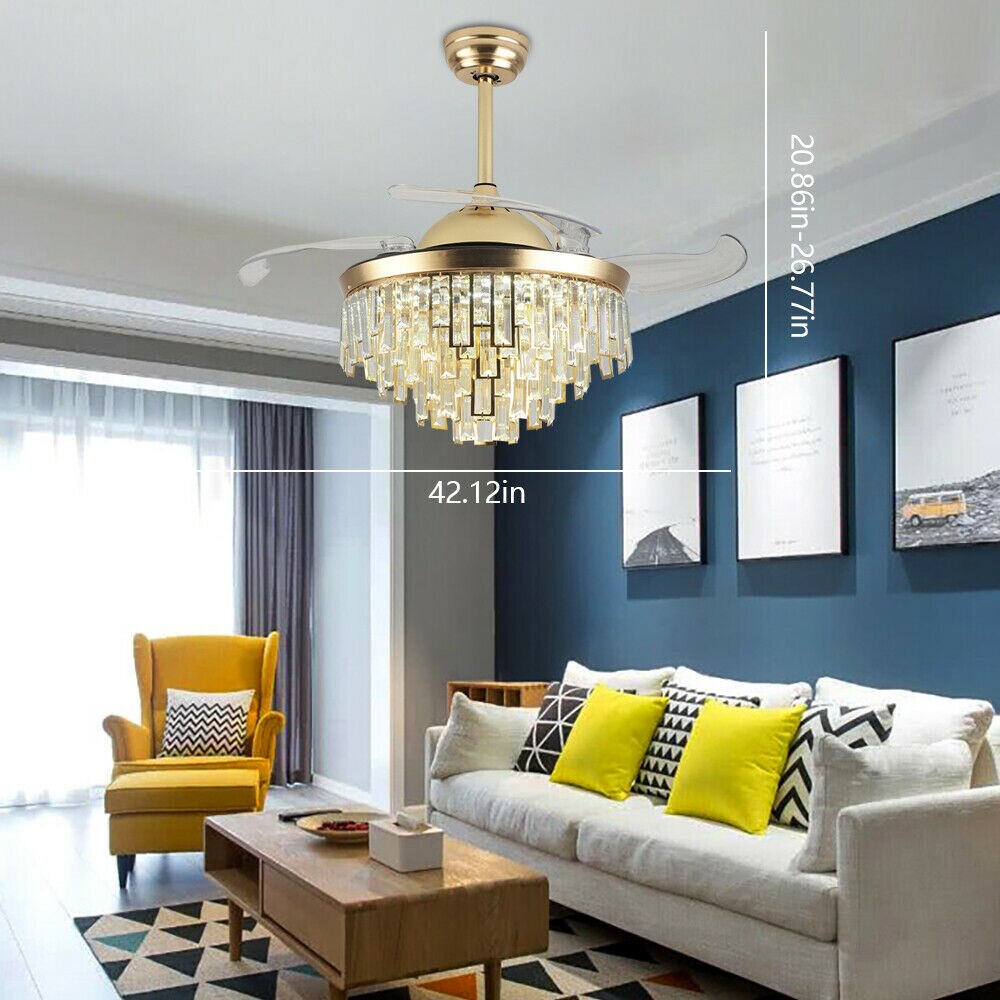 Modern Crystal Dimmable Led Ceiling Light - Chandelier Lamp With Fan Includes Remote Ideal For Home