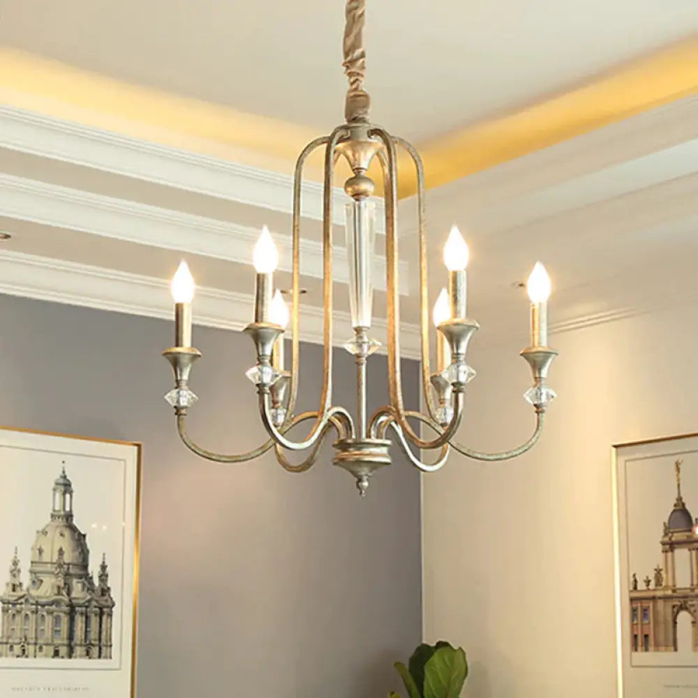 Aged Silver Candlestick Suspension Light Antiqued Metallic 6 - Bulb Restaurant Chandelier