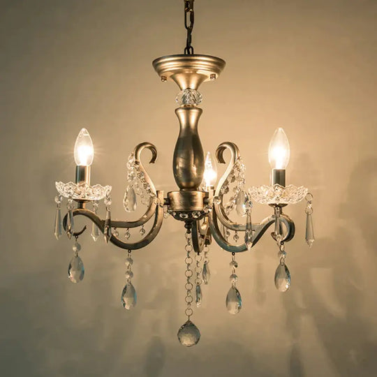 Aged Silver Crystal Suspension Light Candelabra 3 - Bulb Traditional Hanging Chandelier