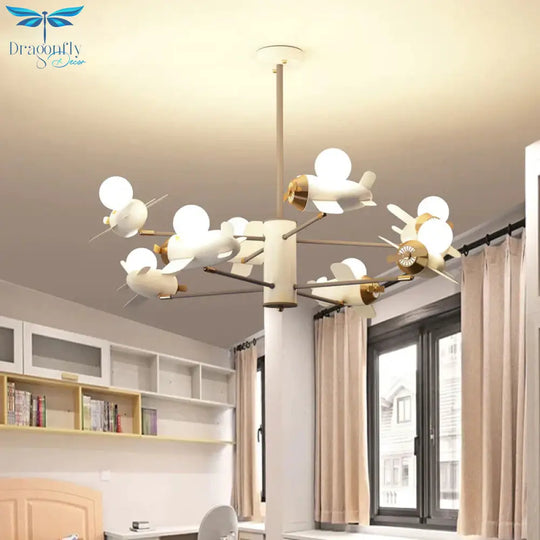 Airplane Pendant Chandelier Cartoon Metal 5/8 Heads White Hanging Light Fixture For Kids Bedroom