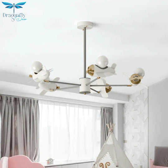 Airplane Pendant Chandelier Cartoon Metal 5/8 Heads White Hanging Light Fixture For Kids Bedroom