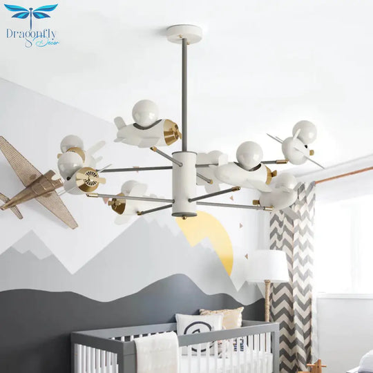 Airplane Pendant Chandelier Cartoon Metal 5/8 Heads White Hanging Light Fixture For Kids Bedroom