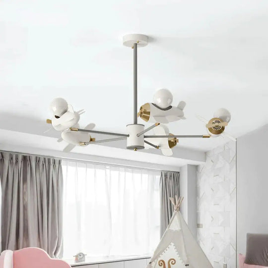 Airplane Pendant Chandelier Cartoon Metal 5/8 Heads White Hanging Light Fixture For Kids Bedroom 5 /