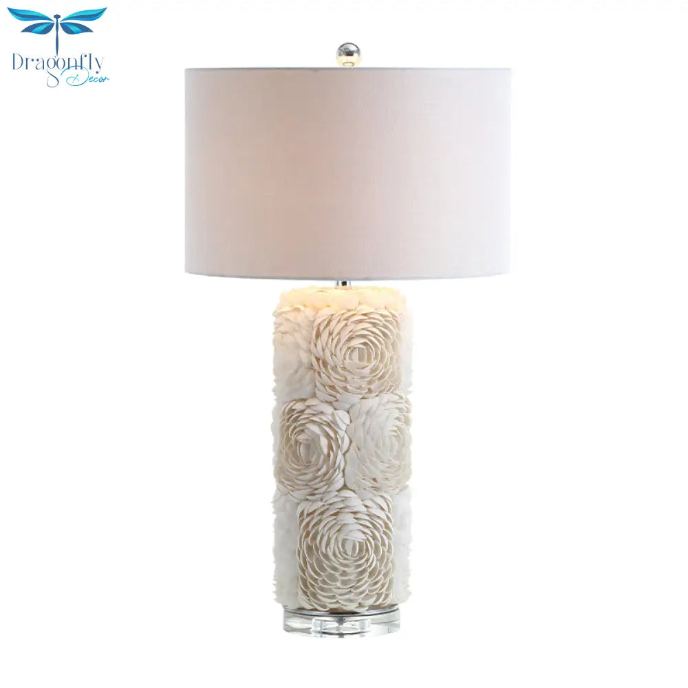 Al Kaphrah - White Shell Floral Table Light With Drum Lamp Shade