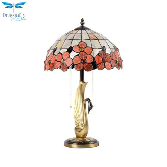 Albali - Pink Flower - Edge Grid Glass Night Lamp Tiffany 2 - Light Gold Pull Chain Table Lighting