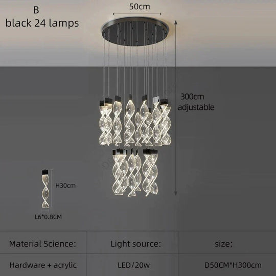 Alura - Designer Spiral Chandelier B Black 24 Lamps / White Light