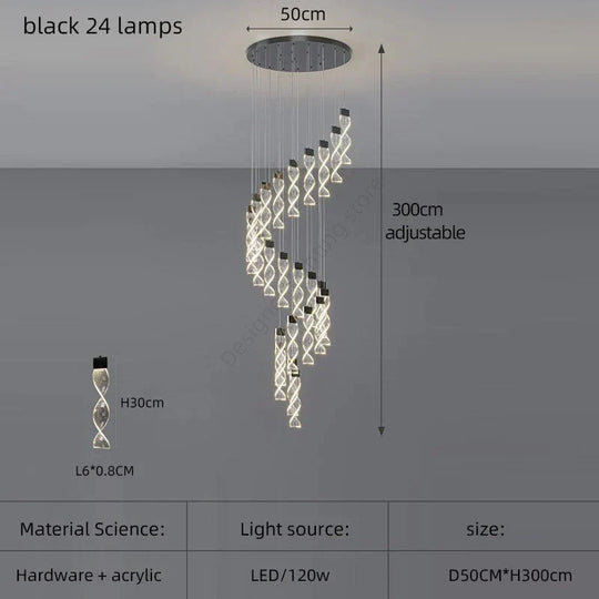 Alura - Designer Spiral Chandelier Black 24 Lamps / White Light