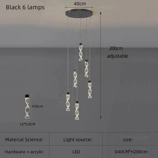 Alura - Designer Spiral Chandelier Black 6 Lamps / White Light