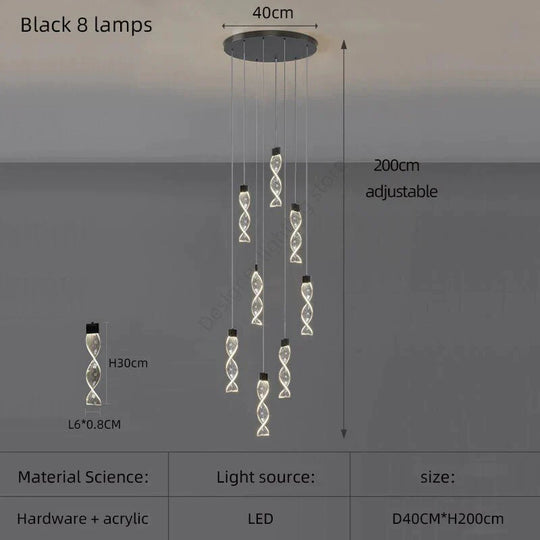 Alura - Designer Spiral Chandelier Black 8 Lamps / White Light