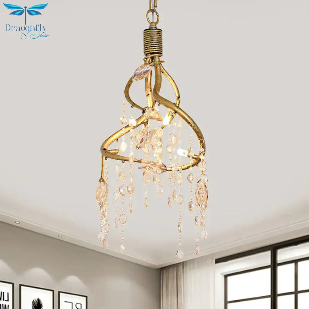 Amber Crystal Gold Drop Lamp Cascading 4 Bulbs Rural Chandelier Pendant Light For Dining Room
